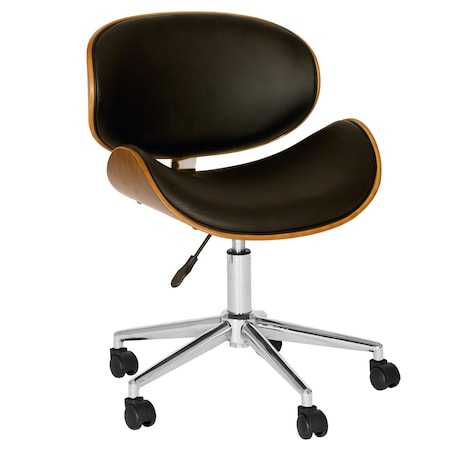 Armen Living Daphne Modern Office Chair In Chrome Finish with Black Faux Leather And Walnut Veneer Back LCDAOFCHBL